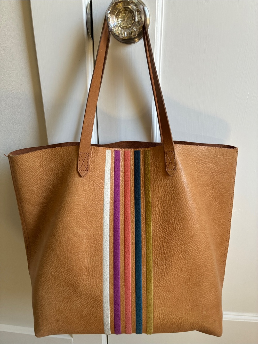 Madewell large, leather rainbow stripe tote bag, good condition. 1 zip pocket.
